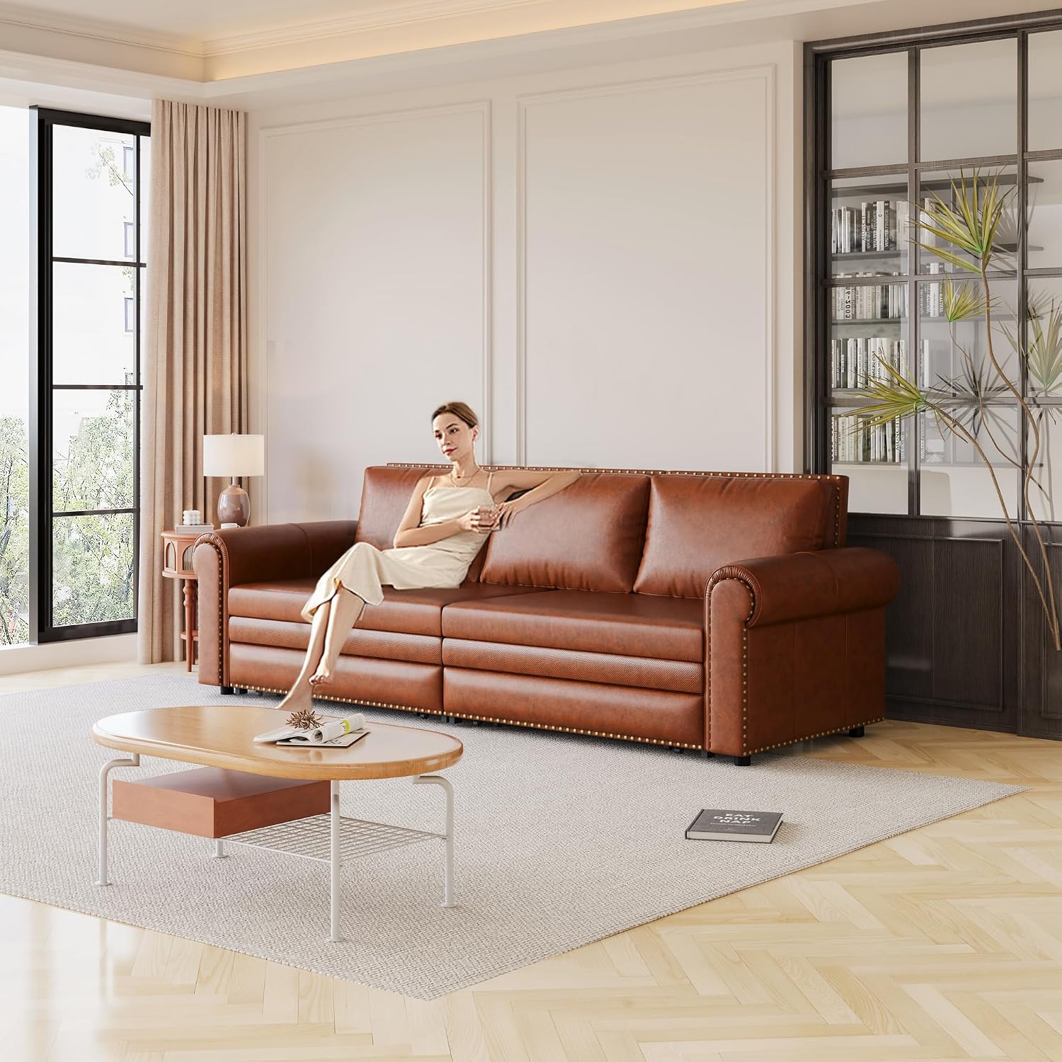 93.7' King Pull Out Sofa Bed, Faux Leather Sleeper Sofa Couch, 3 in 1 Convertible Futon Couches for Living Room, Small Space, Apartment, Office, Bedroom, Modern Rivet Armrest, Light Brown