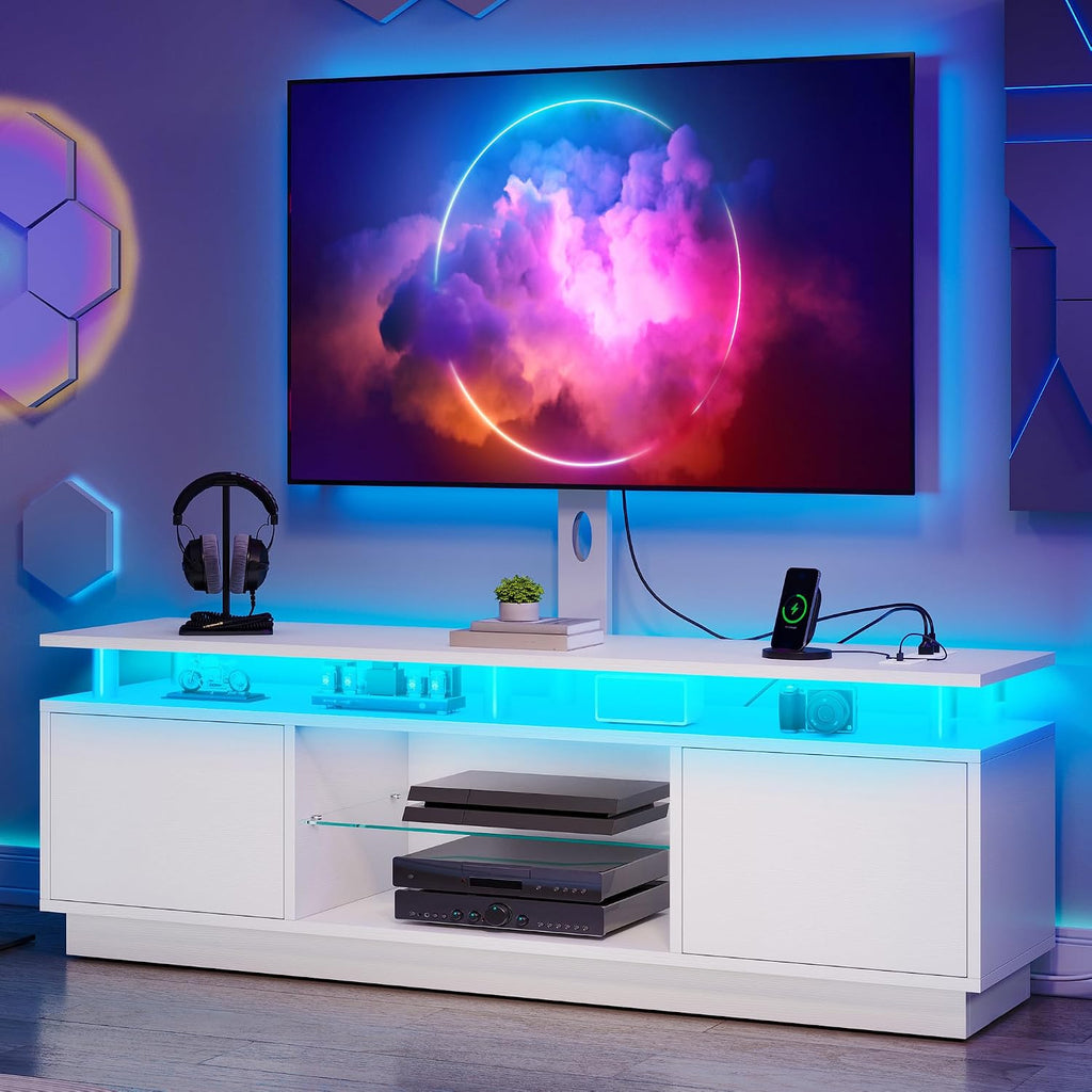 YITAHOME Modern TV Stand with Mount & 2 Doors for 75/70/65 Inch TVs - Built-in Power Outlets, LED Light Strip, Media Console with Storage, Entertainment Center for Living Room, White