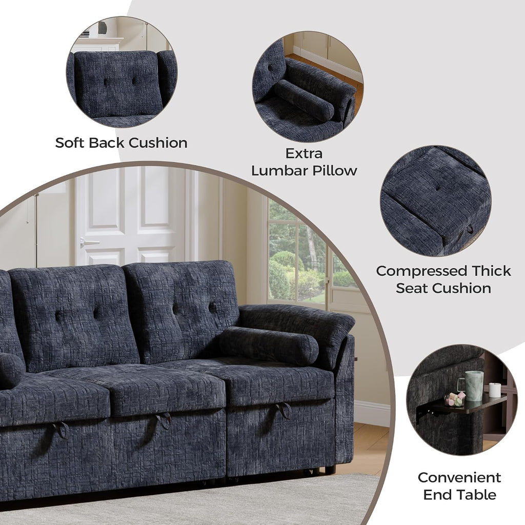 Convertible Sleeper Sofa Bed, 63 Inch Chenille Pull Out Couch with Side Table & Adjustable Backrest, Sectional Sleeper Sofa with Pull Out Bed for Living Room, Apartment, Blue
