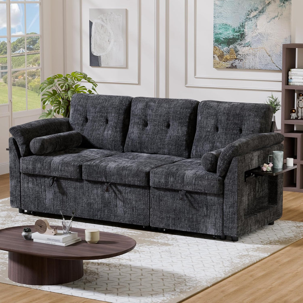 Convertible Sleeper Sofa Bed, 63 Inch Chenille Pull Out Couch with Side Table & Adjustable Backrest, Sectional Sleeper Sofa with Pull Out Bed for Living Room, Apartment, Black