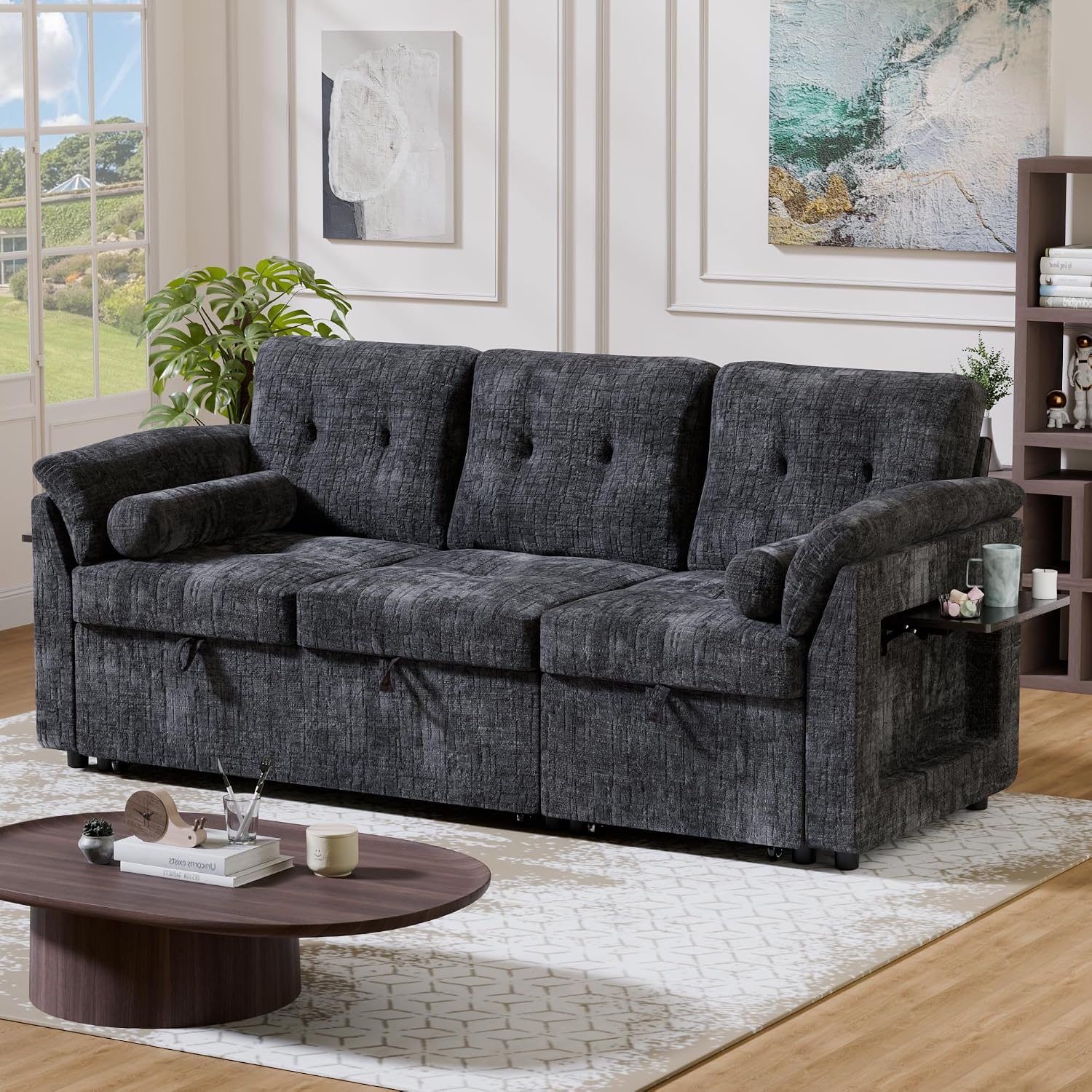 Convertible Sleeper Sofa Bed, 63 Inch Chenille Pull Out Couch with Side Table & Adjustable Backrest, Sectional Sleeper Sofa with Pull Out Bed for Living Room, Apartment, Black