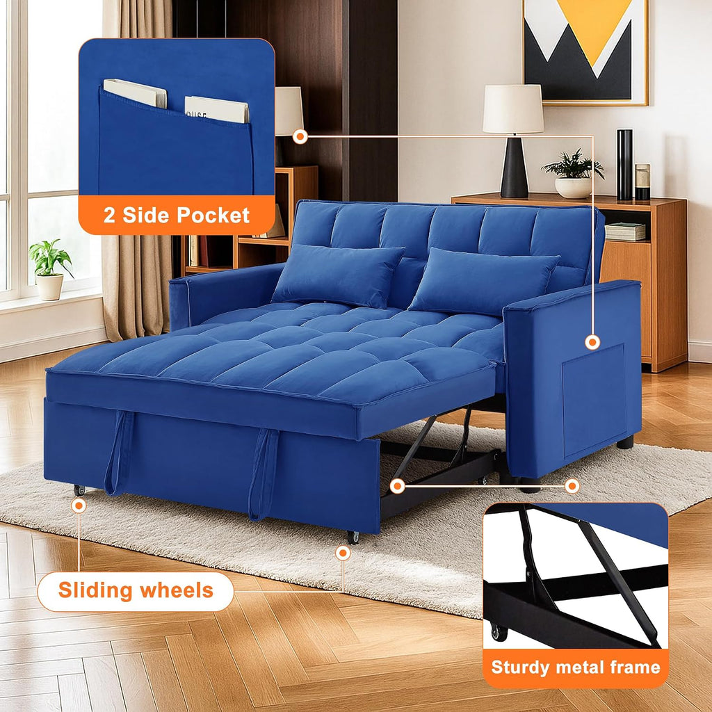 3 in 1 Convertible Sleeper Sofa Bed,Futon Pull Out Couch with Adjustable Backrest,Velvet Fabric Loveseat Sofa with Side Pocket for Bedroom, Living Room