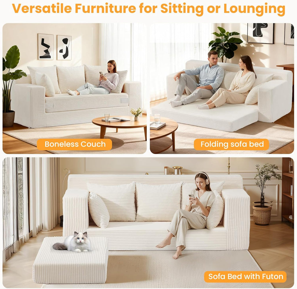 Boneless Couch 70 inch, 3 Seater Couch with Pull Out Bed, Boneless Loveseat Oversize Beige Futon Couch Floor Bed with 5 Pillows for Living Room Bedroom Lounge Small Space