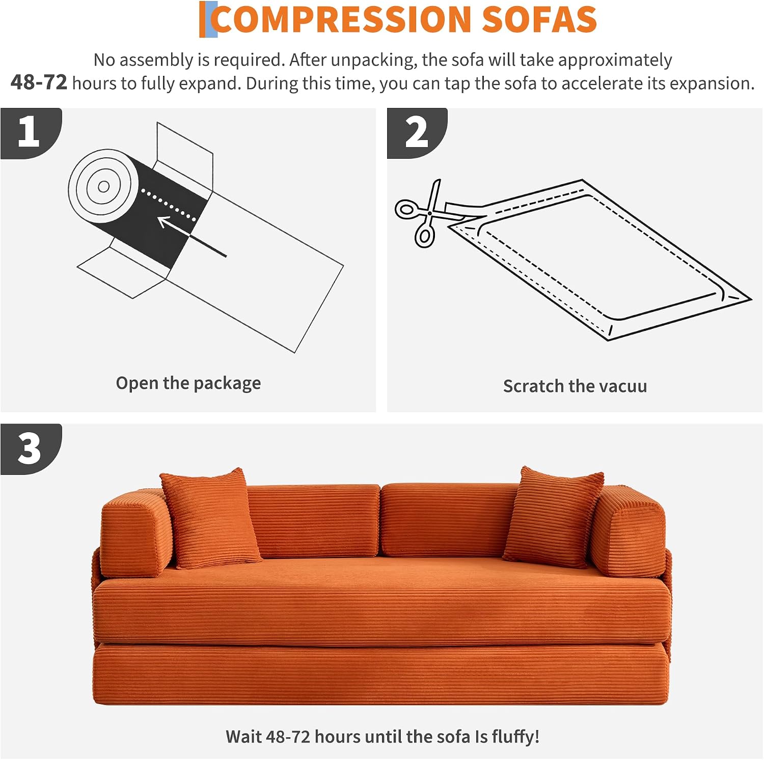 Garvee 5-in-1 Convertible Sofa Bed, 78.8' Modular Corduroy Sleeper with Sturdy Frame & No Assembly, Multi-Functional Futon for Small Space, Living Room & Guest Room (Green) (Orange)