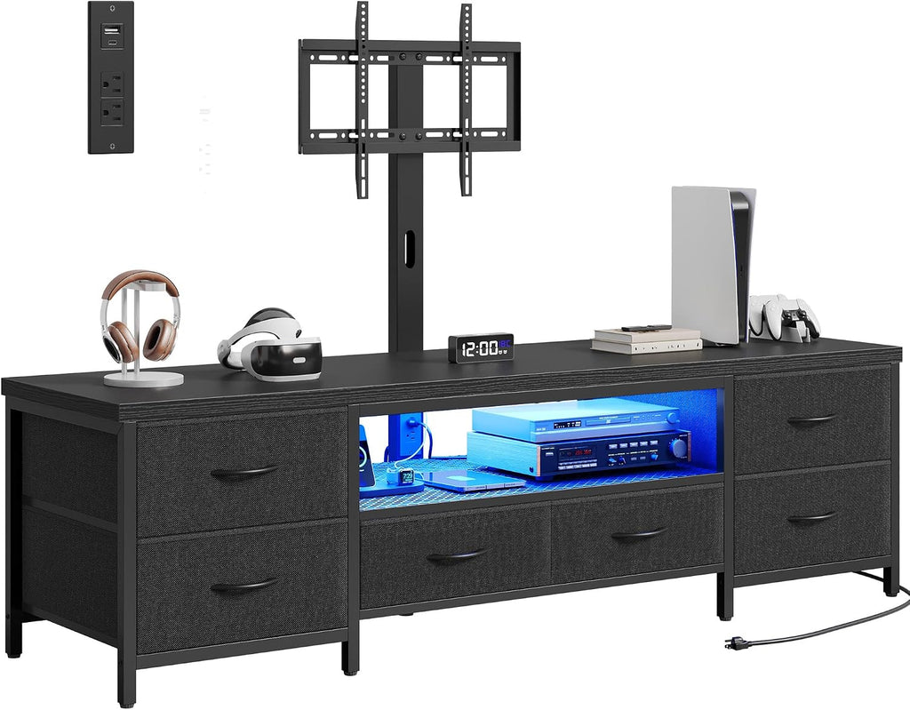 TV Stand for 80 Inch TV with Mount, LED Entertainment Center w/Fabric Drawers & Power Outlets, Industrial Media Console for Living Room, Bedroom, Open Storage Shelves - 71'' Black