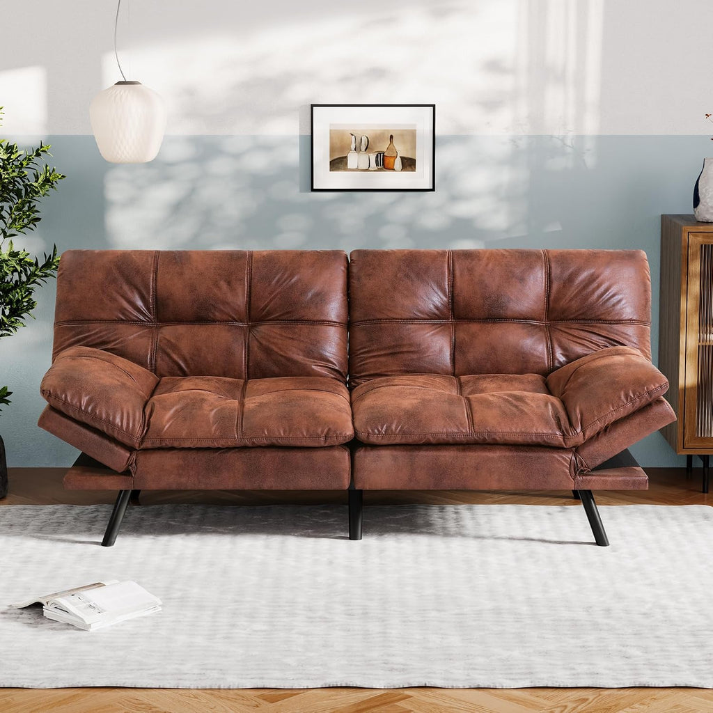 Vyfipt Convertible Futon Sofa Bed, Brown Faux Leather Futon Couch with Adjustable Backrest & Armrests, Folding Small Recliner Sleeper Sofa Bed for Living Room, Apartment, Office