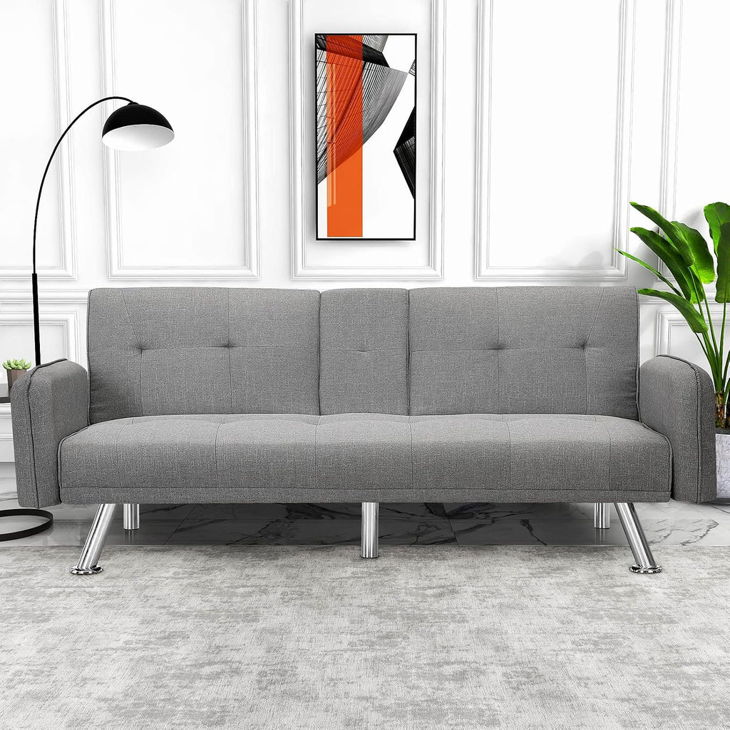 Futon Sofa Bed, Convertible Couch with 2 Cup Holders, Loveseat with Armrest for Studio, Apartment, Office, Living Room, Light Grey