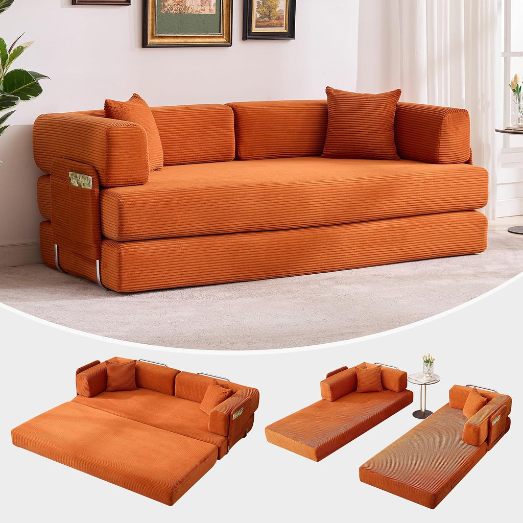 Garvee 5-in-1 Convertible Sofa Bed, 78.8' Modular Corduroy Sleeper with Sturdy Frame & No Assembly, Multi-Functional Futon for Small Space, Living Room & Guest Room (Green) (Orange)