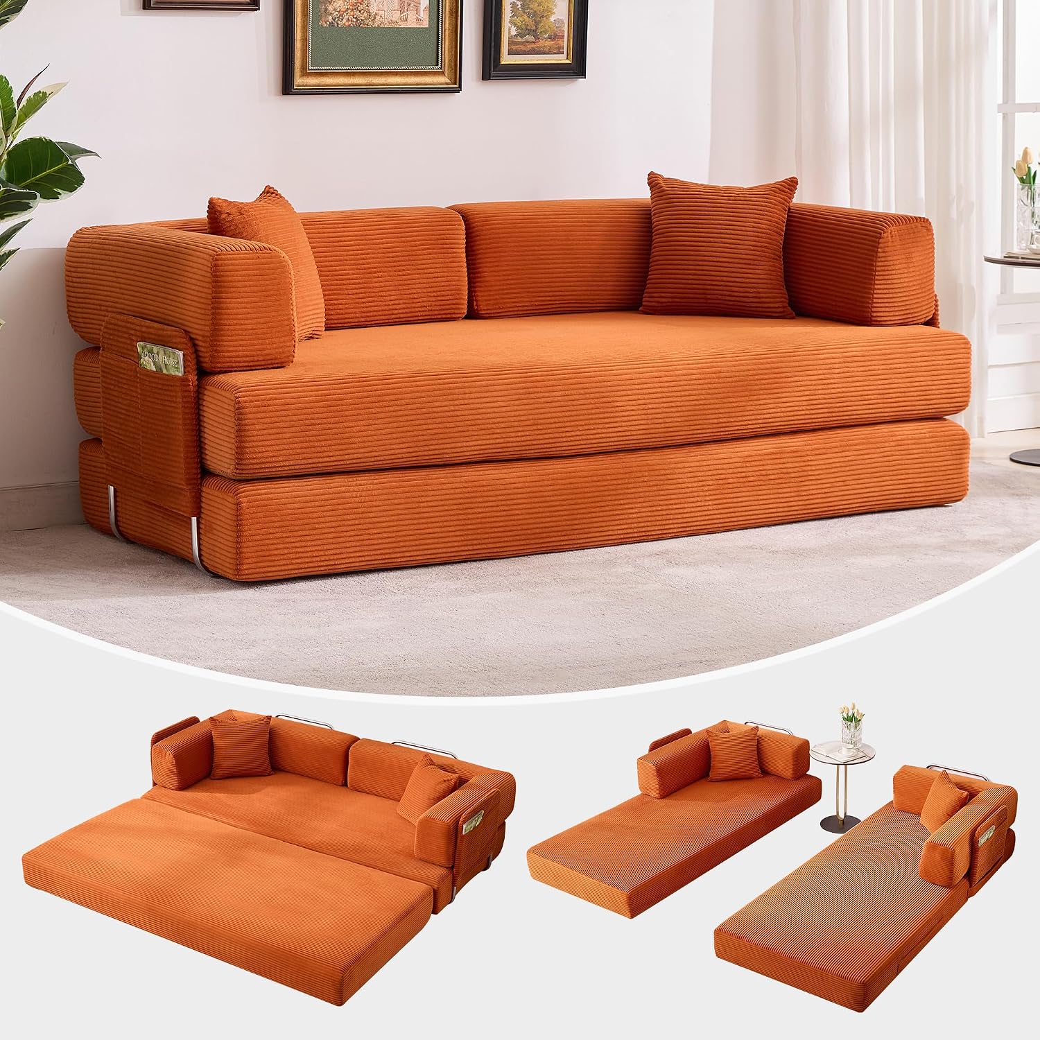 Garvee 5-in-1 Convertible Sofa Bed, 78.8' Modular Corduroy Sleeper with Sturdy Frame & No Assembly, Multi-Functional Futon for Small Space, Living Room & Guest Room (Green) (Orange)