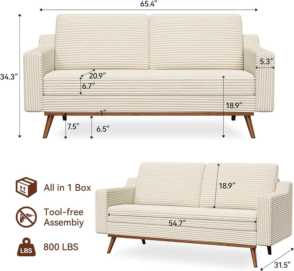 65.4' Loveseat Sofa,Comfy Cream White Corduroy Love Seat Couches for Living Room,Mid Century Modern Small Couch for Bedroom Office with Spring Cushion,Solid Wood Frame,Tool-Free Assembly