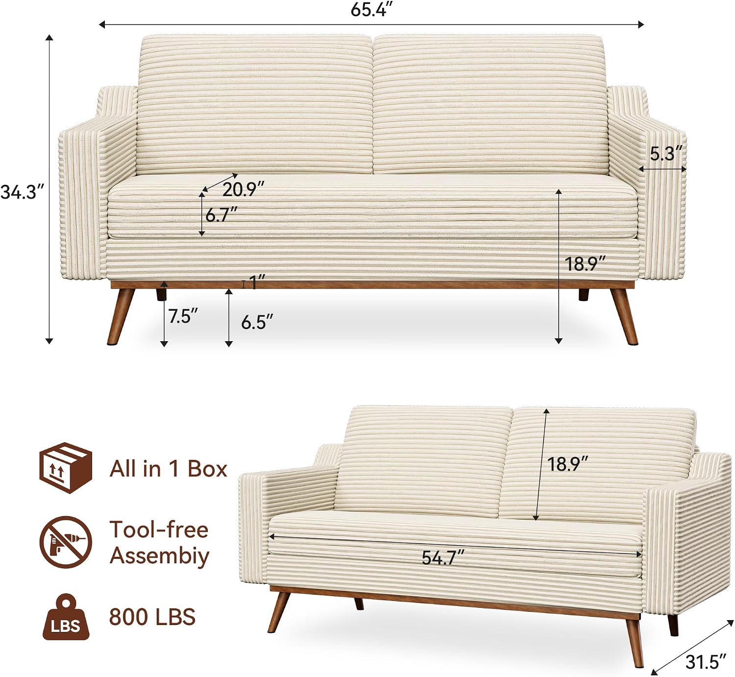65.4' Loveseat Sofa,Comfy Cream White Corduroy Love Seat Couches for Living Room,Mid Century Modern Small Couch for Bedroom Office with Spring Cushion,Solid Wood Frame,Tool-Free Assembly