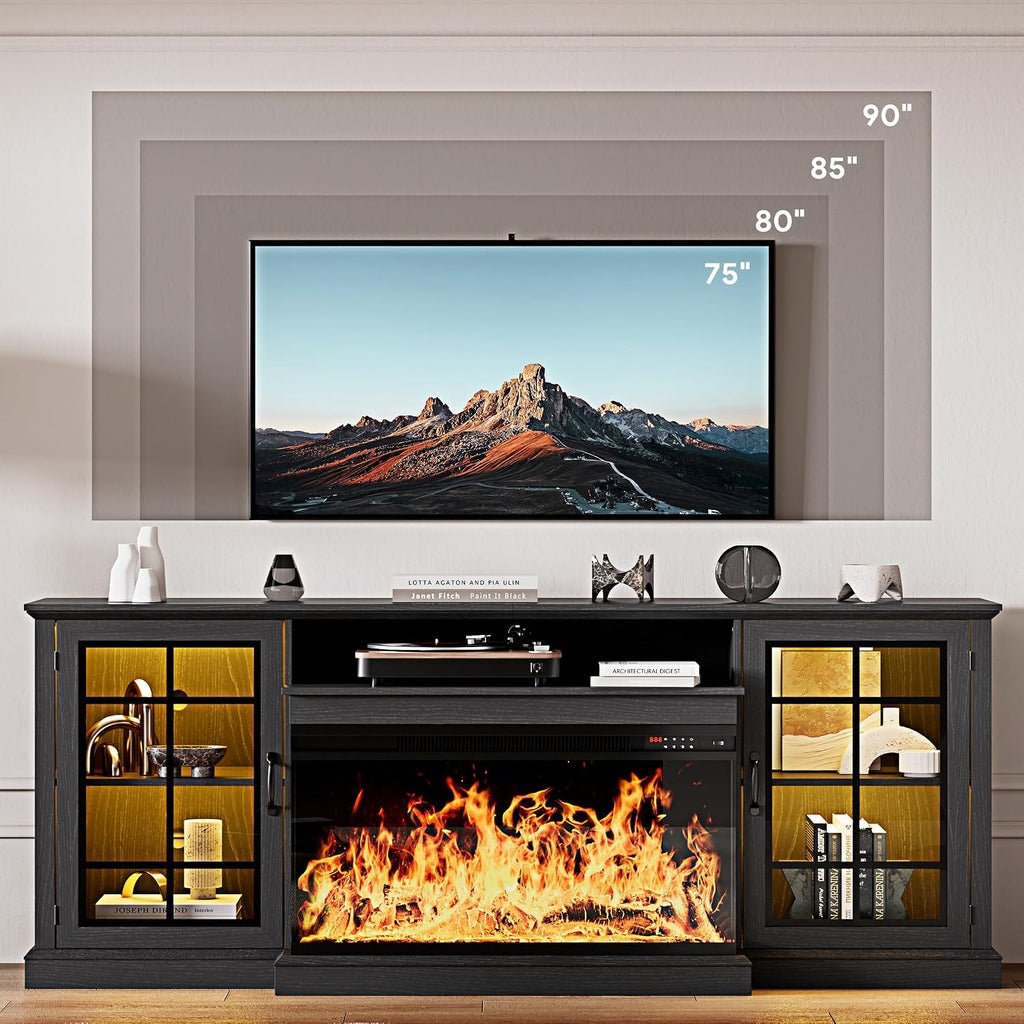 MXV 80'' Fireplace TV Stand, Farmhouse Entertainment Center with 3 Sided Glass TV Stand, Modern Media Console Table with Storage Drawers & Cabinets with LED Flame and Lights for Living Room, Black