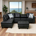 Leather 3-Piece L-Shaped Sectional Sofa with Storage Ottoman & Movable Chaise - Modular Convertible Couch for Living Room, Bedroom & Small Apartment, Jet Black