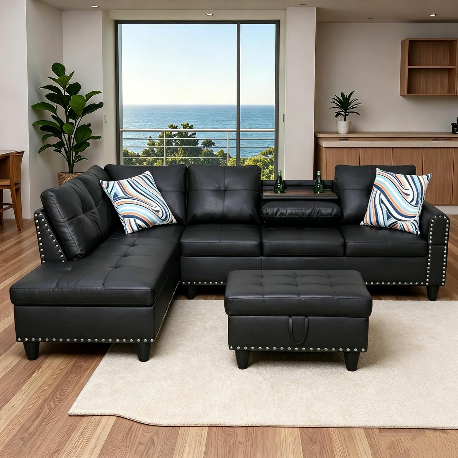 Leather 3-Piece L-Shaped Sectional Sofa with Storage Ottoman & Movable Chaise - Modular Convertible Couch for Living Room, Bedroom & Small Apartment, Jet Black