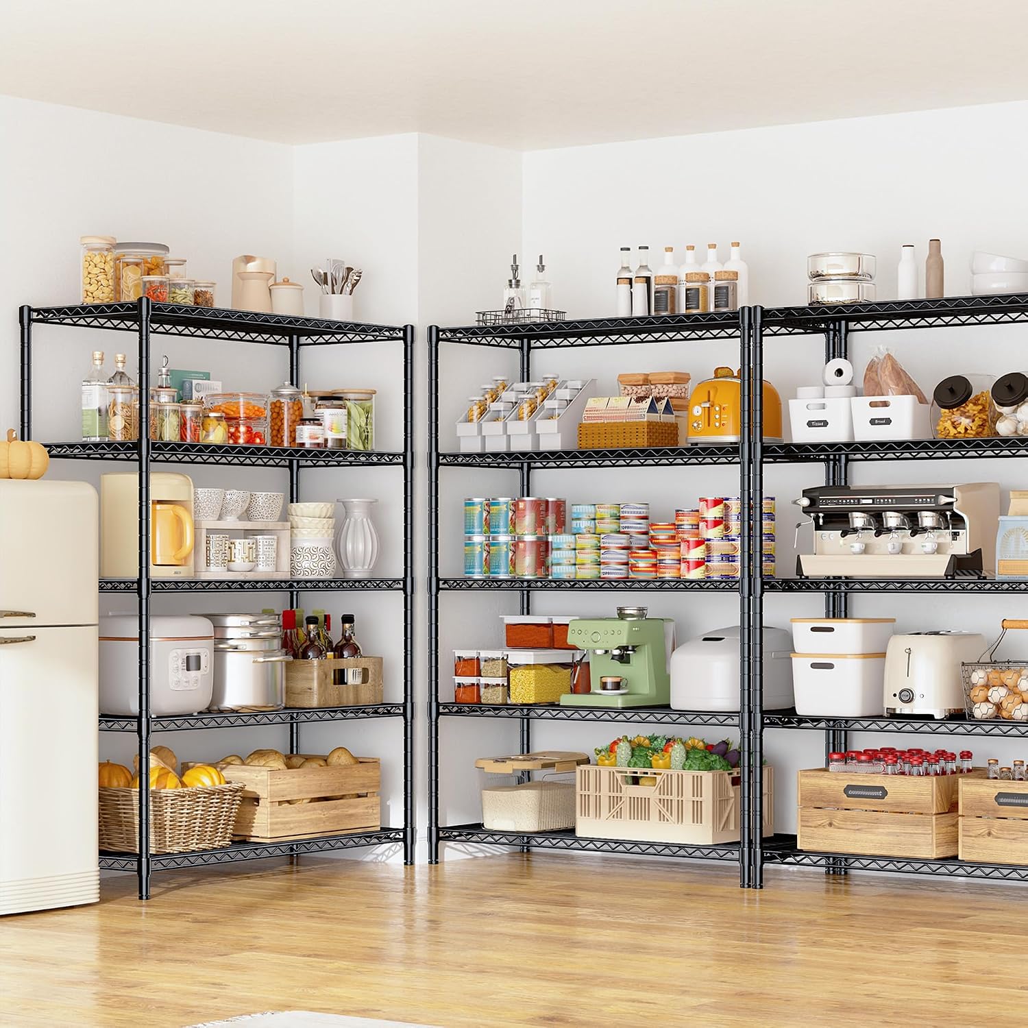 5 Tier Storage Shelves 71'H Wire Shelving Adjustable Metal Shelving,1000LBS Pantry Shelves Sturdy Steel Wire Shelf for Kitchen School Pantry Garage Warehouse ,71'H X35.5'W X13.8'D, Black,2P