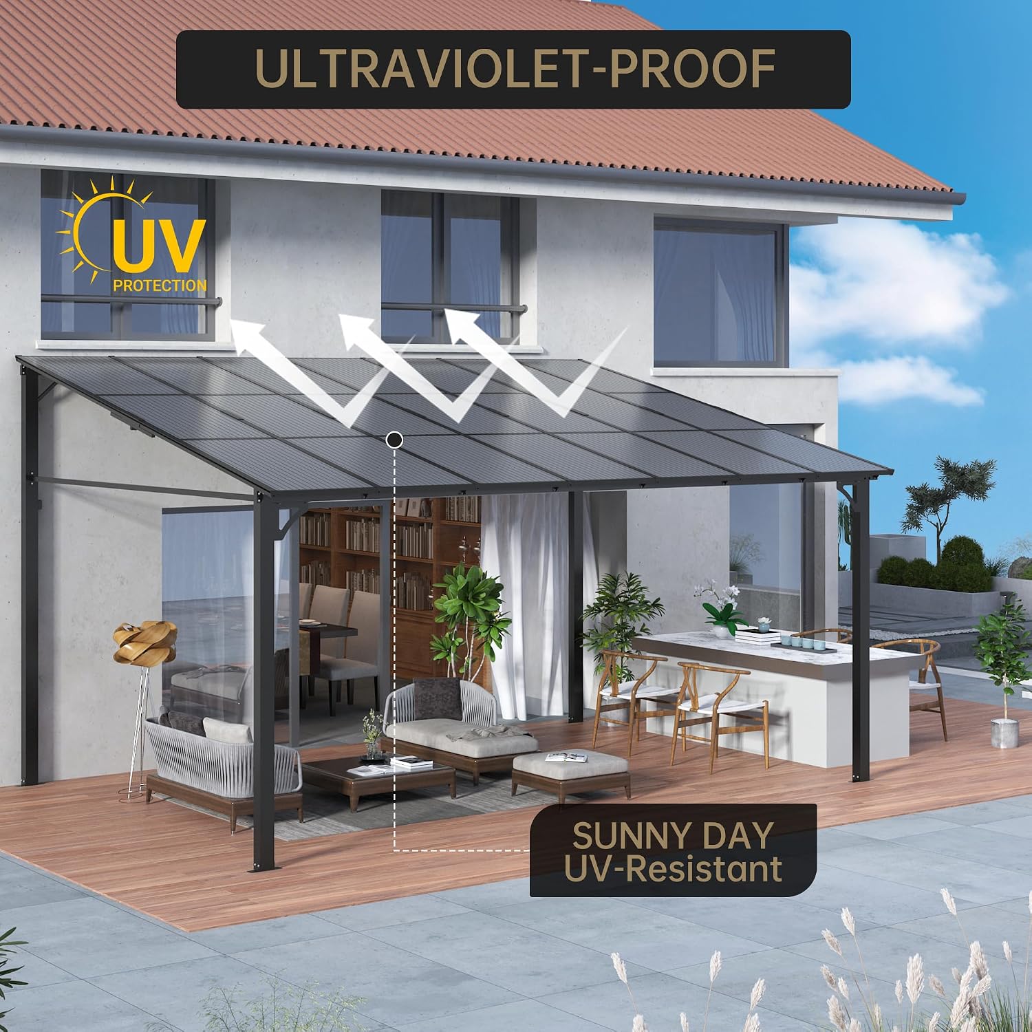 12'x 16'Wall Mounted Gazebo, Hardtop Lean-to Pergola with Polycarbonate Roof, Heavy Duty Outdoor Patio Awnings for Deck, Porch, Backyard, Garden, Weather Resistant, Brown