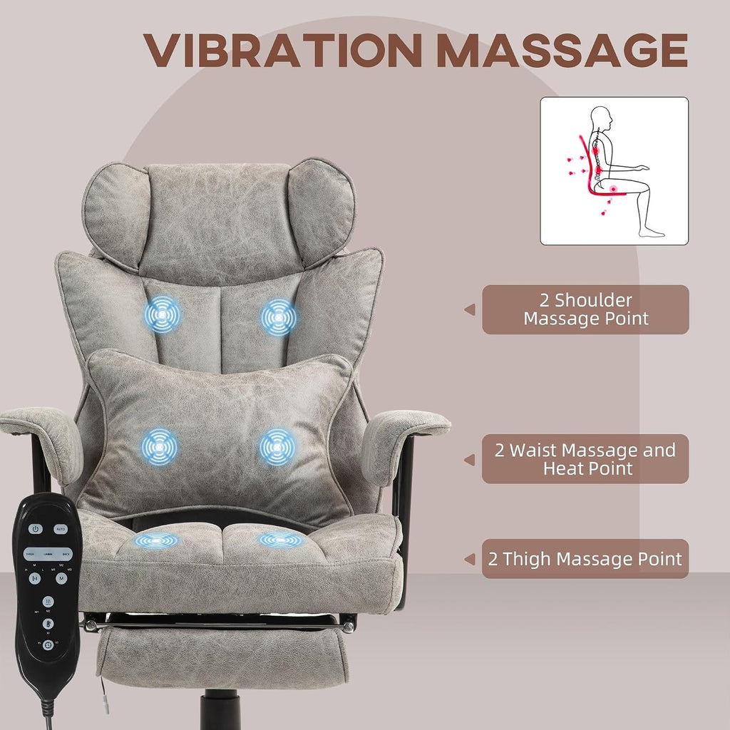 Massage Executive Office Chair with 6 Vibration Points, 400LBS Heated Big and Tall Office Chair with Foot Rest and Lumbar Support, Microfiber, Gray