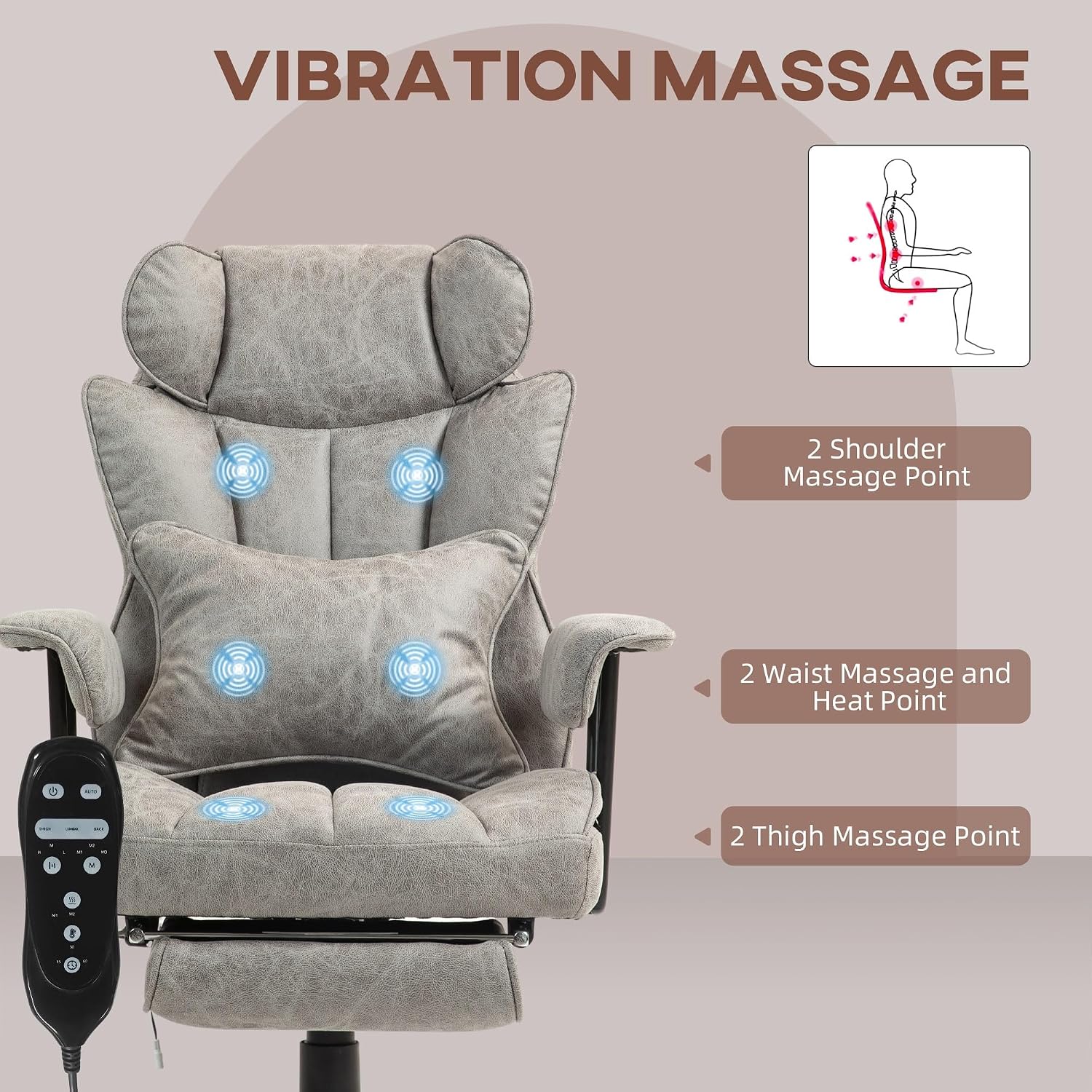 Massage Executive Office Chair with 6 Vibration Points, 400LBS Heated Big and Tall Office Chair with Foot Rest and Lumbar Support, Microfiber, Gray