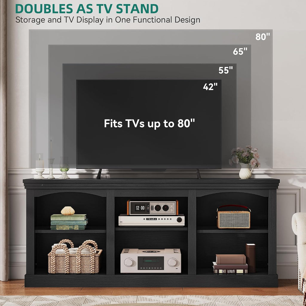 YITAHOME Farmhouse TV Stand with Cord Management for 75/80 Inch TV, Entertainment Center with Adjustable Shelf & Open Storage, 70' TV Console Table for Living Room (Black)