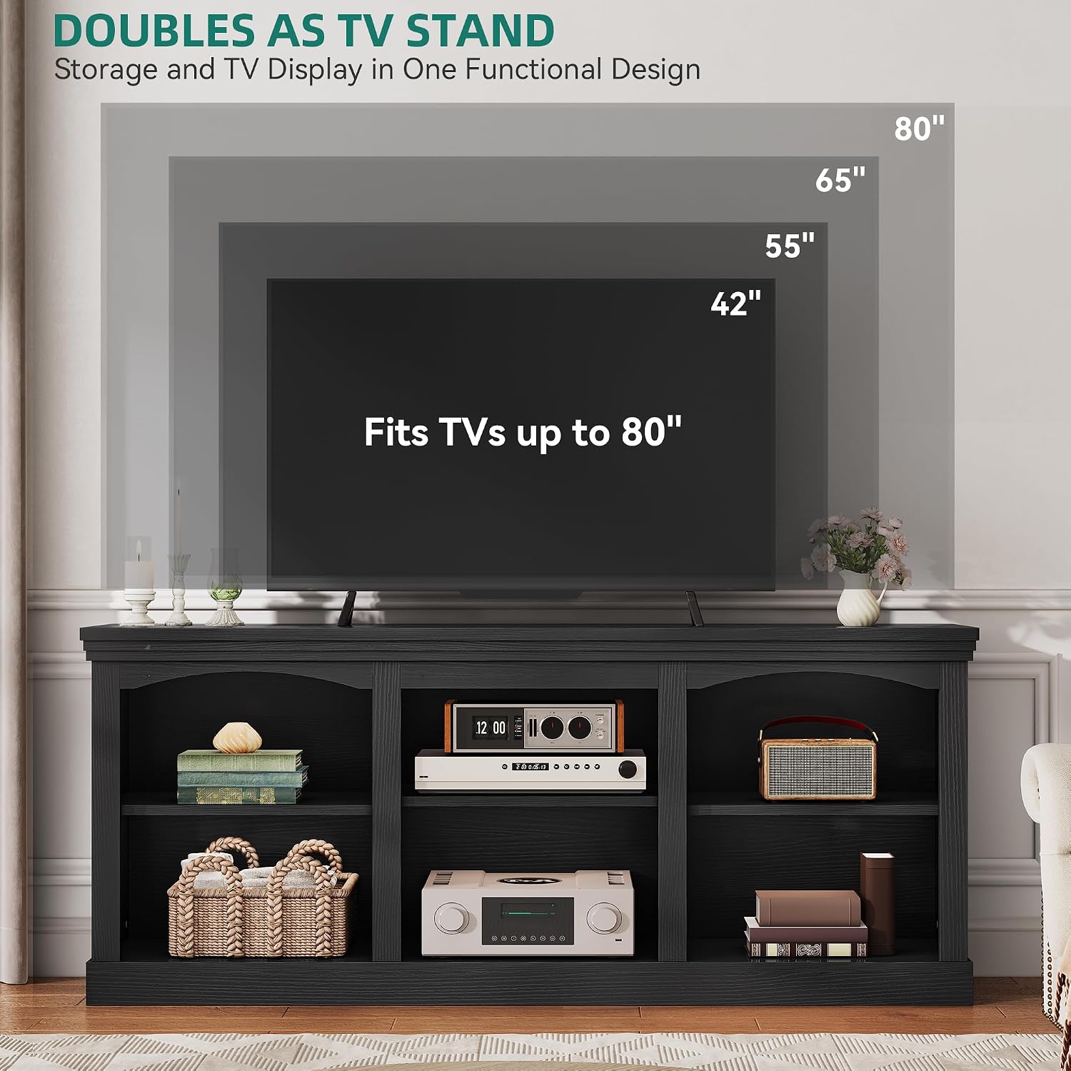 YITAHOME Farmhouse TV Stand with Cord Management for 75/80 Inch TV, Entertainment Center with Adjustable Shelf & Open Storage, 70' TV Console Table for Living Room (Black)