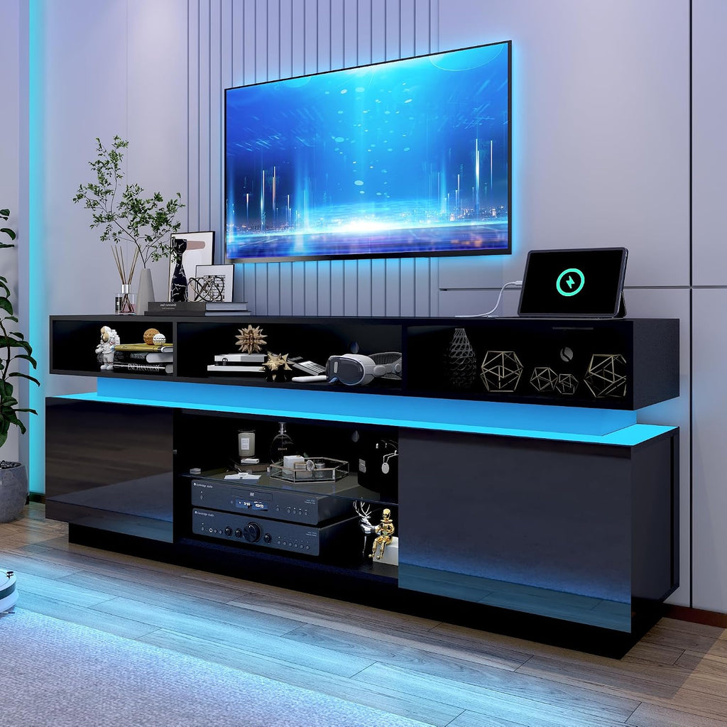 chartustriable LED TV Stand for 80 Inch TV, Modern Tall Entertainment Center with Power Outlets, High Gloss TV Stand, Gaming TV Media Console with Glass Shelf for Living Room, 71 Inch, Black