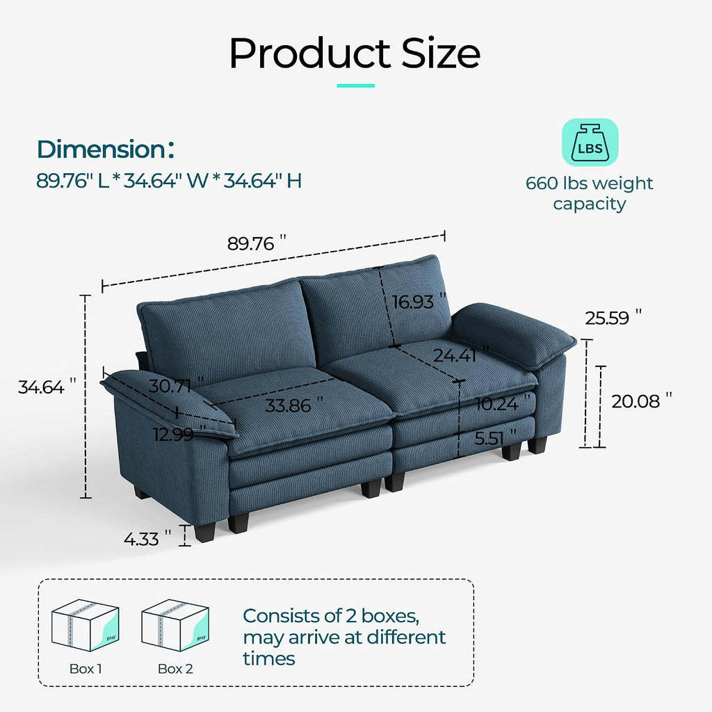 LINSY HOME 90'' Cloud Loveseat Sofa, Modular Sectional Couches Corduroy Cloud Couch Soft Modern Comfy Love Seat Sofa Set for Living Room Apartment Office, Blue