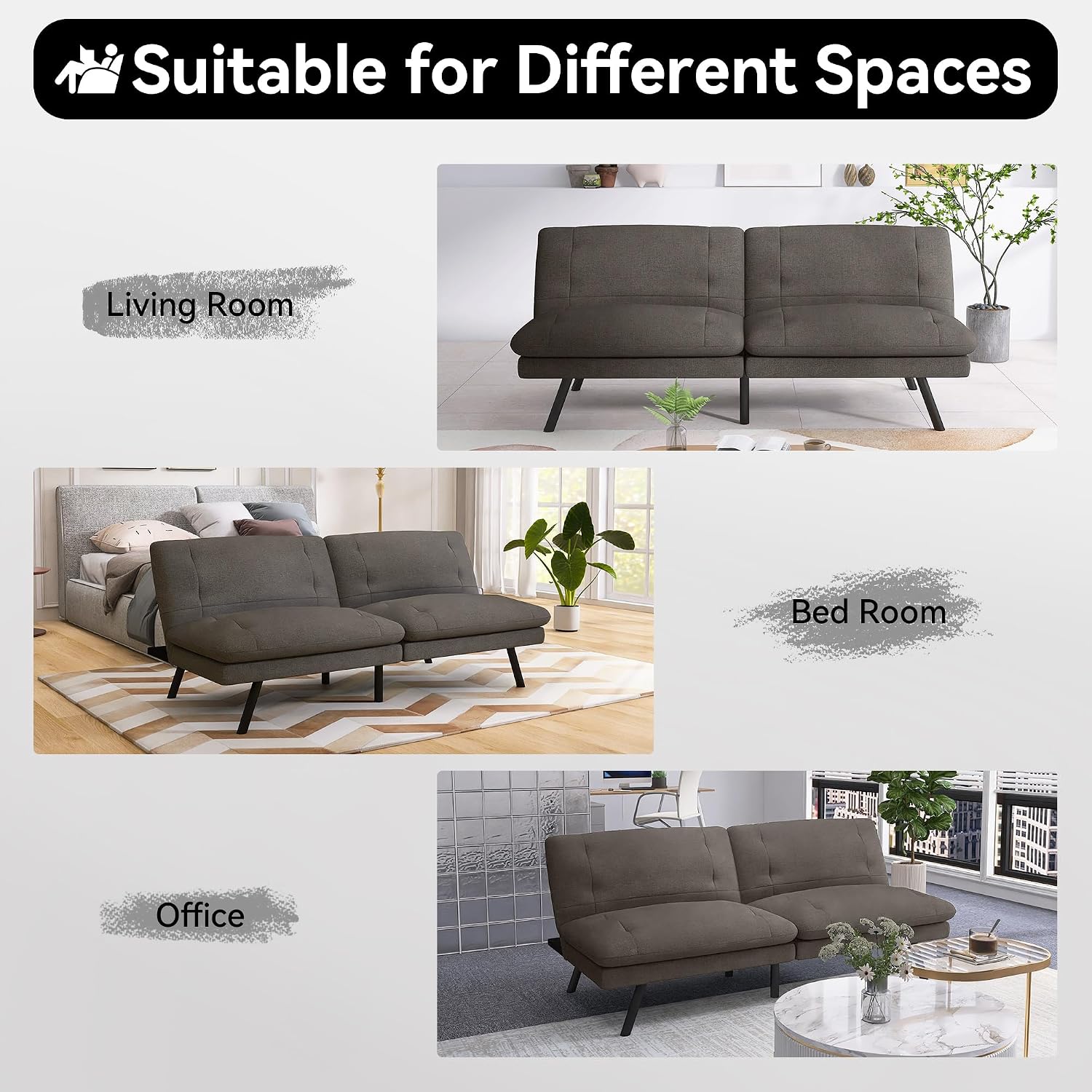 Convertible Sofa Bed,Linen Futon Sofa Couch,Detachable Cushion,Adjustable Backrest,Memory Foam Folding Futon Loveseat Sleeper for Living Room,Office,Apartment,Pure Grey