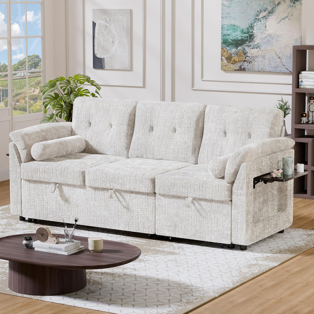 Convertible Sleeper Sofa Bed, 63 Inch Chenille Pull Out Couch with Side Table & Adjustable Backrest, Sectional Sleeper Sofa with Pull Out Bed for Living Room, Apartment, Beige