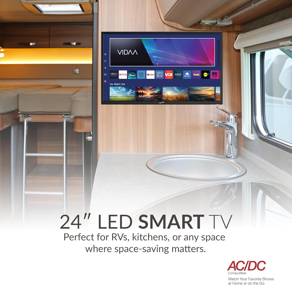Supersonic SC-2420VTV 24-inch Smart AC/DC LED TV, Powered by VIDAA, 1080p, WiFi, Built-in Speakers, USB, 3X HDMI ARC, for Kitchen, RV, Boat, Truck, Playroom, Dorm Room, Remote, DC Car Cord Included