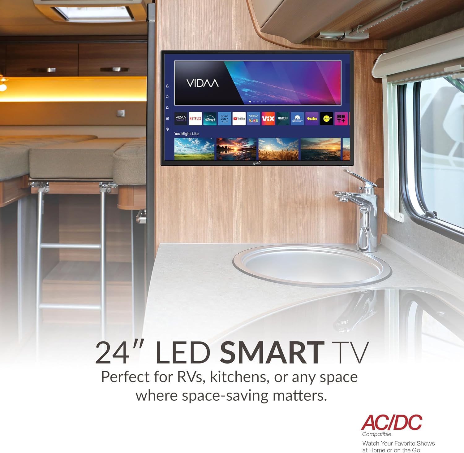 Supersonic SC-2420VTV 24-inch Smart AC/DC LED TV, Powered by VIDAA, 1080p, WiFi, Built-in Speakers, USB, 3X HDMI ARC, for Kitchen, RV, Boat, Truck, Playroom, Dorm Room, Remote, DC Car Cord Included