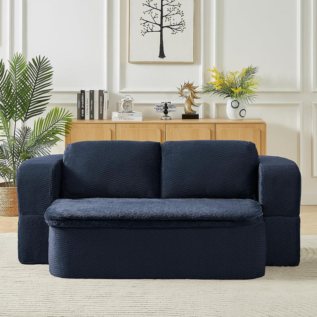 Futon Sofa Bed with Blanket, Convertible Folding Boneless Compressed Faux Fur Memory Foam Floor Loveseat Sleeper Sofa Couch Full Size Bed with Pillows for Guest Room Living Room Small Space, Blue