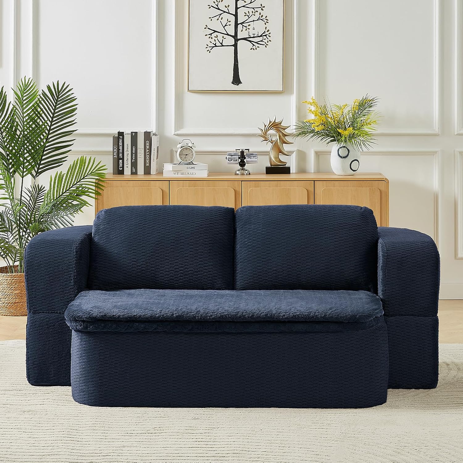Futon Sofa Bed with Blanket, Convertible Folding Boneless Compressed Faux Fur Memory Foam Floor Loveseat Sleeper Sofa Couch Full Size Bed with Pillows for Guest Room Living Room Small Space, Blue