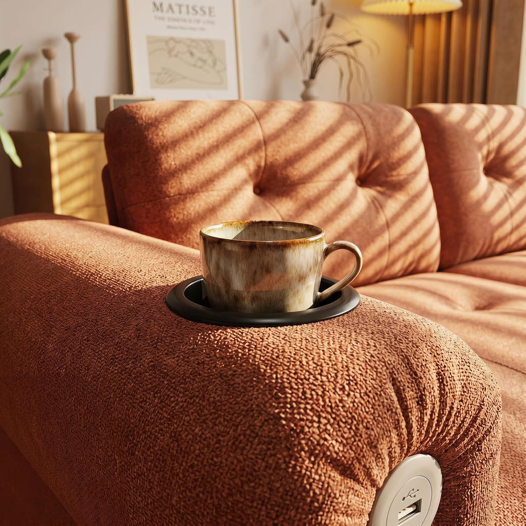 Convertible Couches, Queen Size Pull Out Sofa Bed with USB Charging Port and Cup Holders, Chenille Fabric Convertible Sofa Bed for Small Space, Living Room, Apartment, Guest Room, Orange