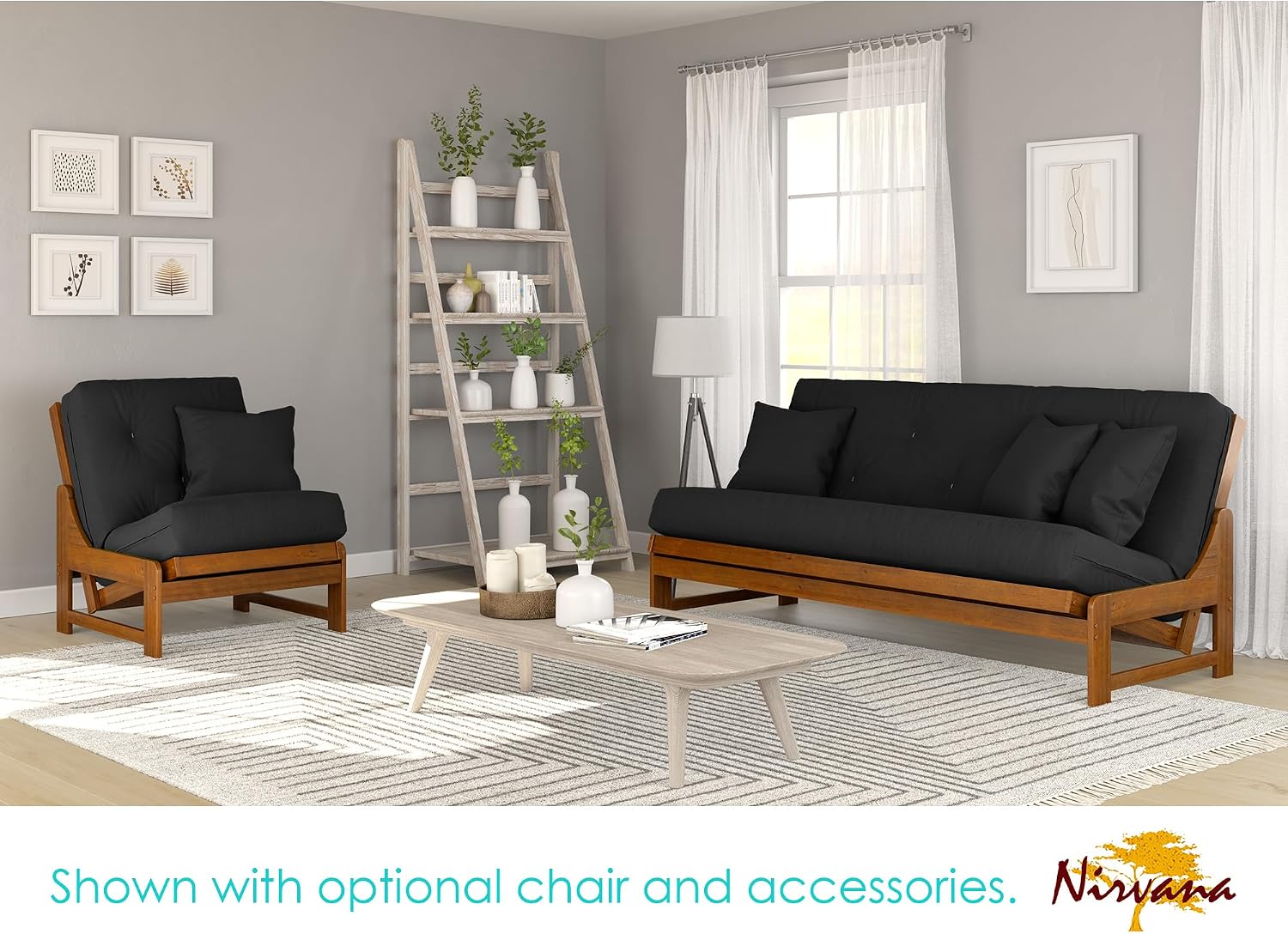 Nirvana Futons Miami Futon Frame and Mattress Set - Full Size, 8' Twill Black Cover