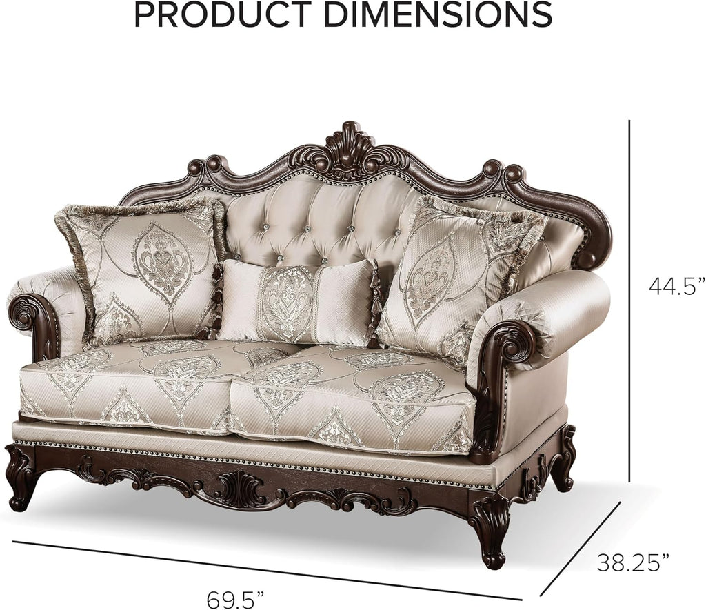Furniture of America Adelaide Traditional Upholstered Sofa with Rolled Armrests and Button Tufted Back, Wooden Comfortable Couch for Living Room, Office, Bedroom, 2-Seater Loveseat, Dark Cherry/Beige