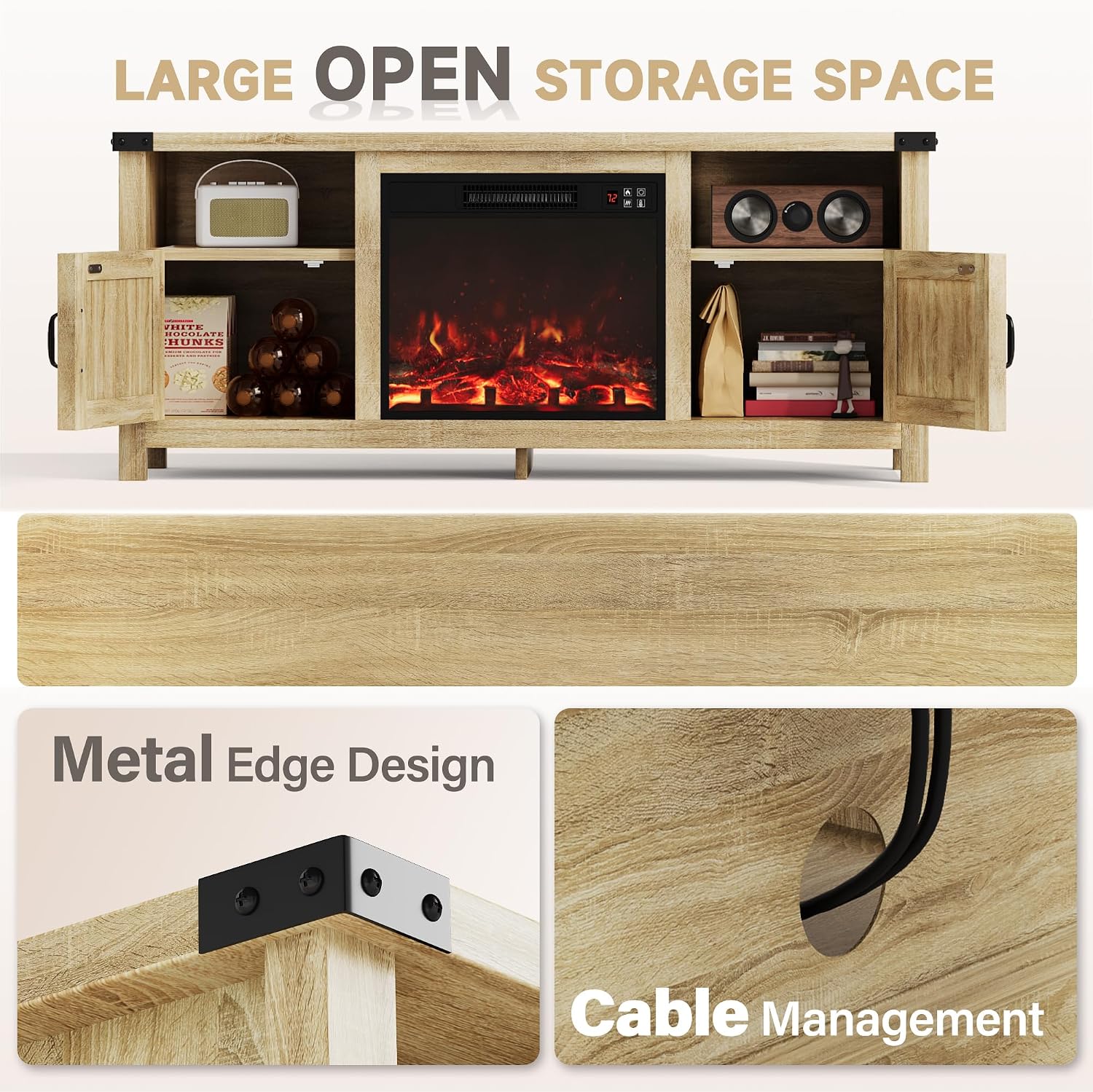 Furmax Entertainment Center with Fireplace, Fireplace TV Stand with Storage Cabinets and 2 Open Shelves, Modern Media TV Console for Living Room (Light Oak)