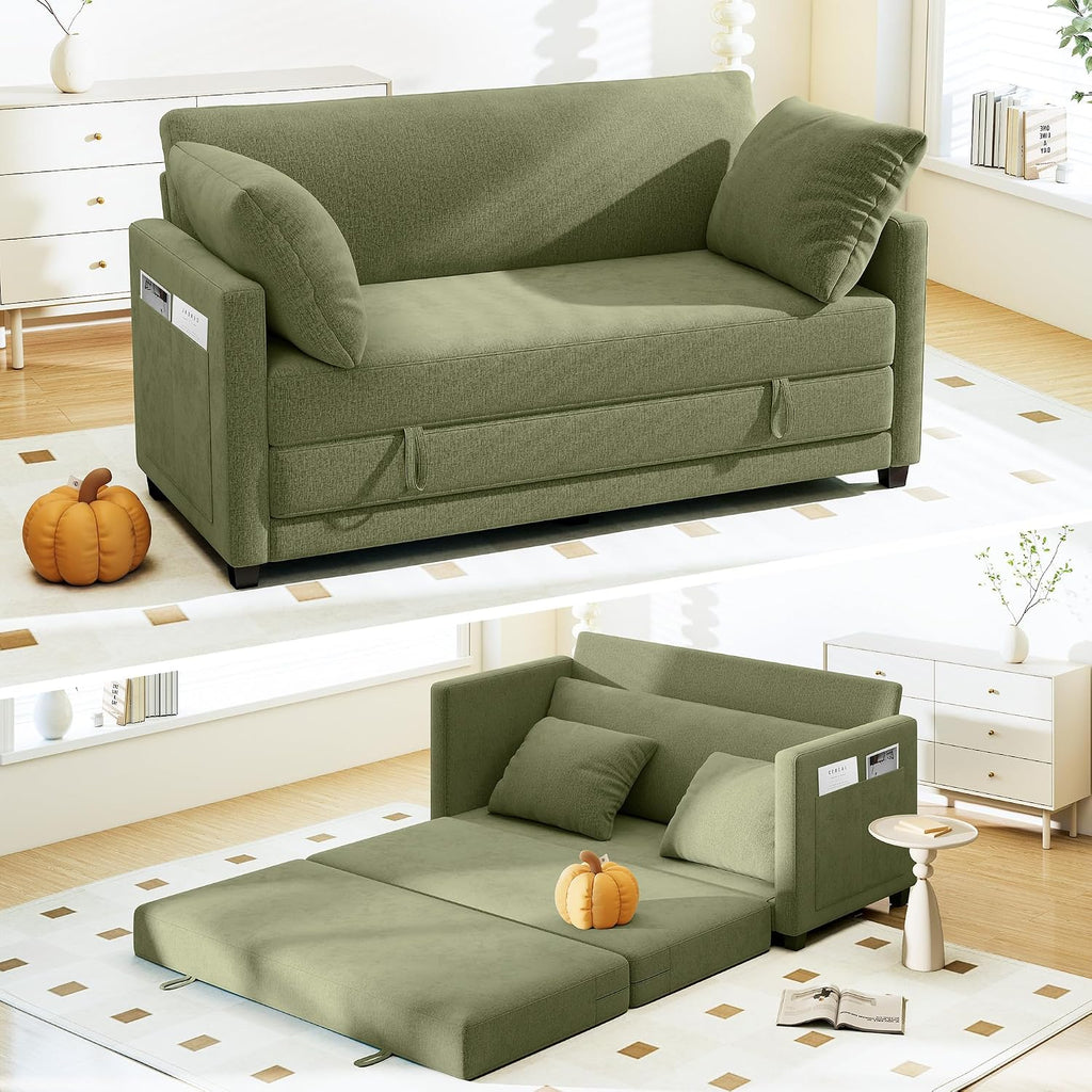 65' Convertible Loveseat Sleeper Sofa Bed, 2 in1 Folding Sofa Bed, Loveseat Sofa for Small Spaces, Fold Out Floor Couch with 2 Pillows for Apartment, Office & Guest Room (Green Chenille, 65 inch)