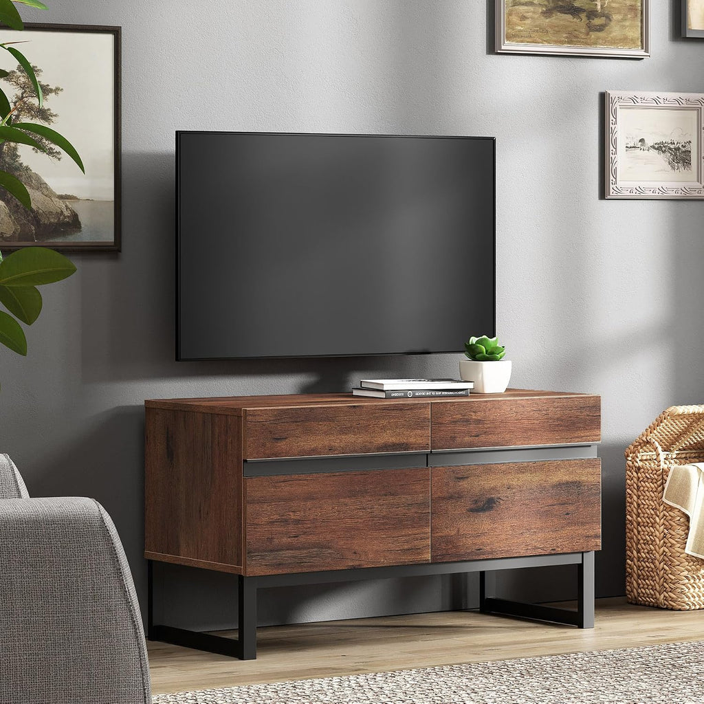 WAMPAT Modern TV Stand for 26-40 Inch TVs, Wood Entertainment Center with Metal Base Storage Cabinets, Media TV Console for Living Room, Brown, 1Pcs
