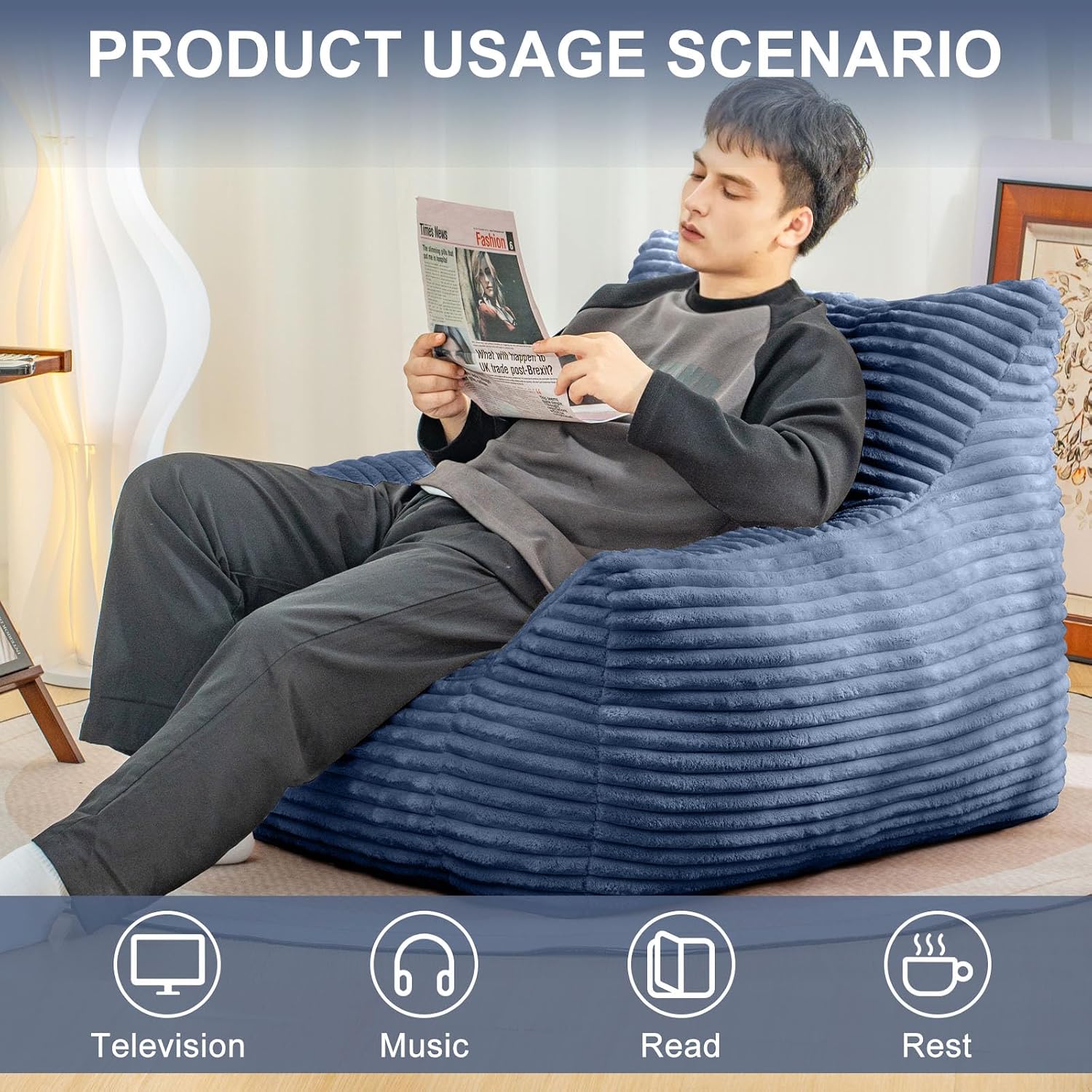 Bean Bag Chair for Adults, Comfy Corduroy Beanbag with Armrests, Lazy Sofa Floor Chair for Living Room, Bedroom, Dorm & Lounge, Cozy Fluffy Single Mini Couch (Blue)