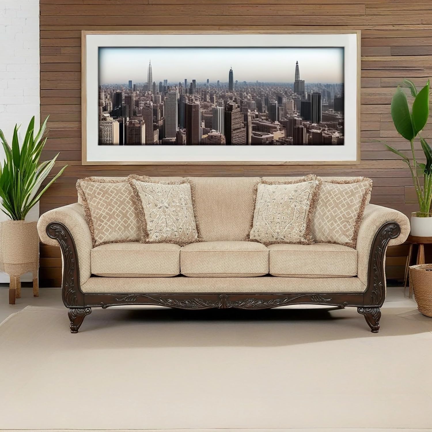 Hernen Carved Wood Frame Sofa, Beige Wheat