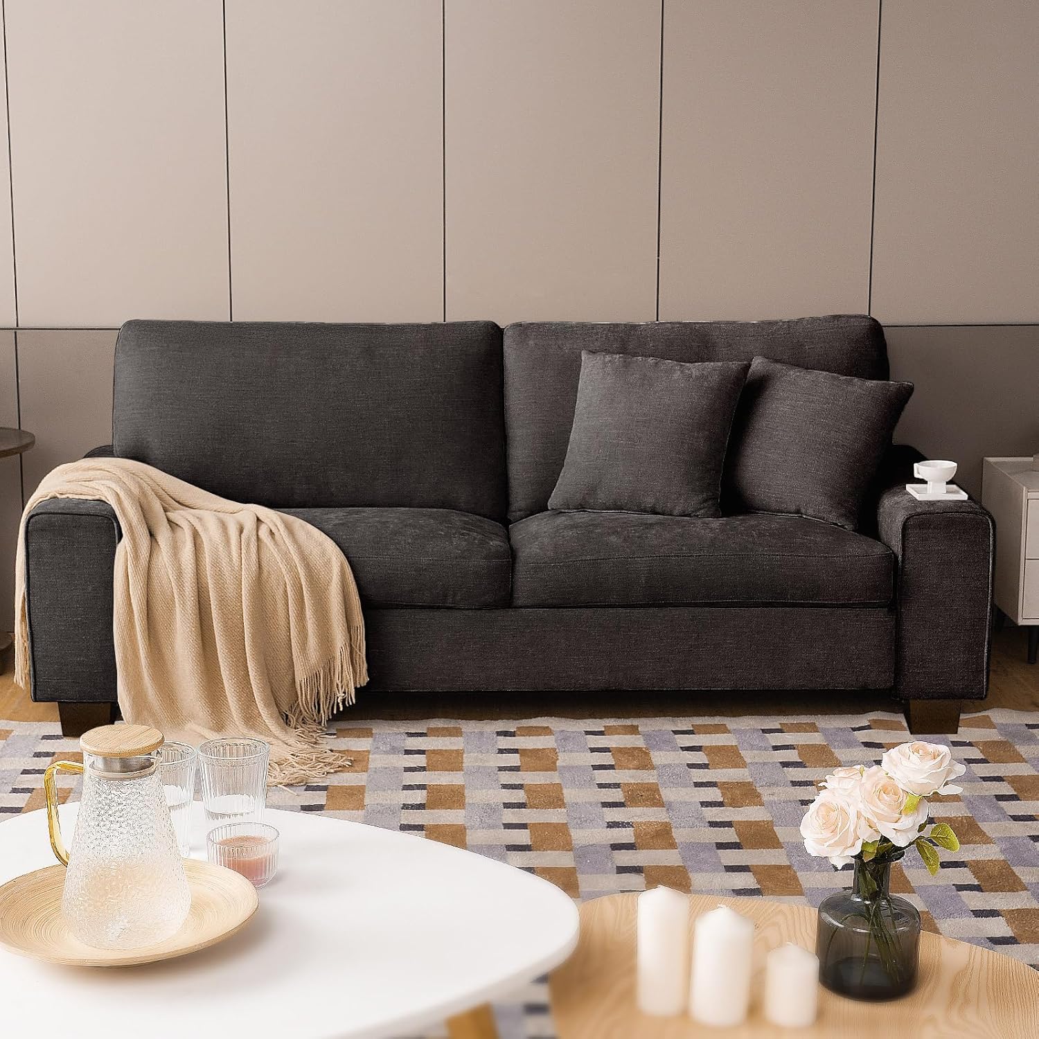 DOPEDIO Modern Loveseat Sofa for Living Room,Chenille Recliner, Removable Cover, Pocket Spring Cushions, Solid Wood Frame, Easy Assembly for Small Spaces (71.25inch，Dark Grey)