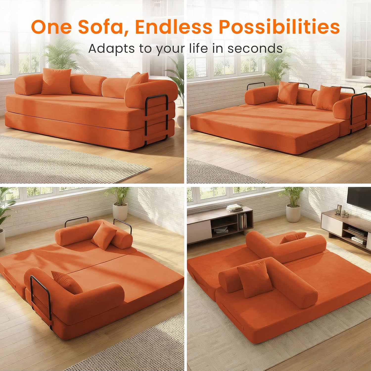 ijuicy 4-in-1 King Convertible Floor Sofa Bed w/ 2 Pillow,Modular Sleeper Sofa/Folding Futon Couch Bed w/Cylindrical Backrest and Fixed Frame,Lounge Couch,Corduroy Compression Sofas for Home-Orange