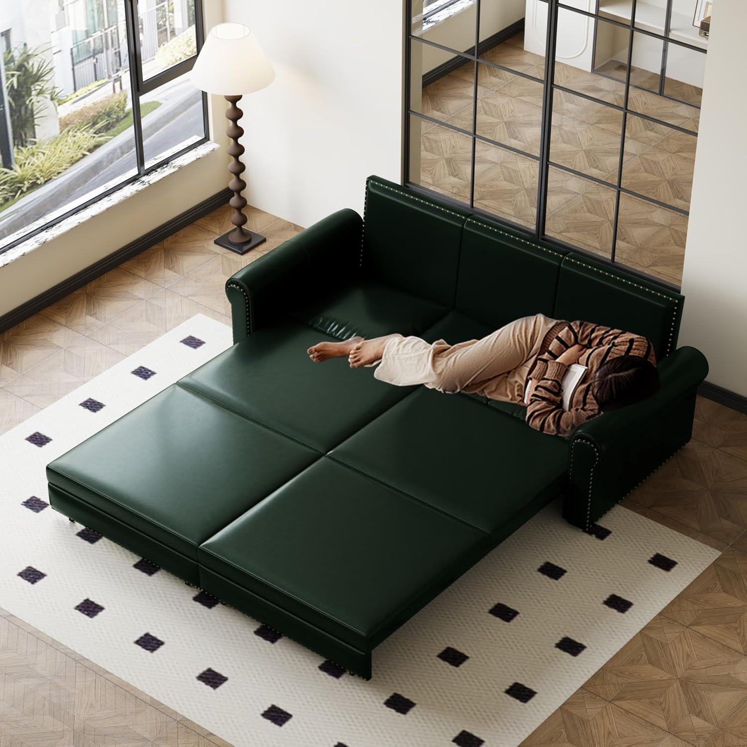 93.7' King Pull Out Sofa Bed, Faux Leather Sleeper Sofa Couch, 3 in 1 Convertible Futon Couches for Living Room, Small Space, Apartment, Office, Bedroom, Modern Rivet Armrest, Green