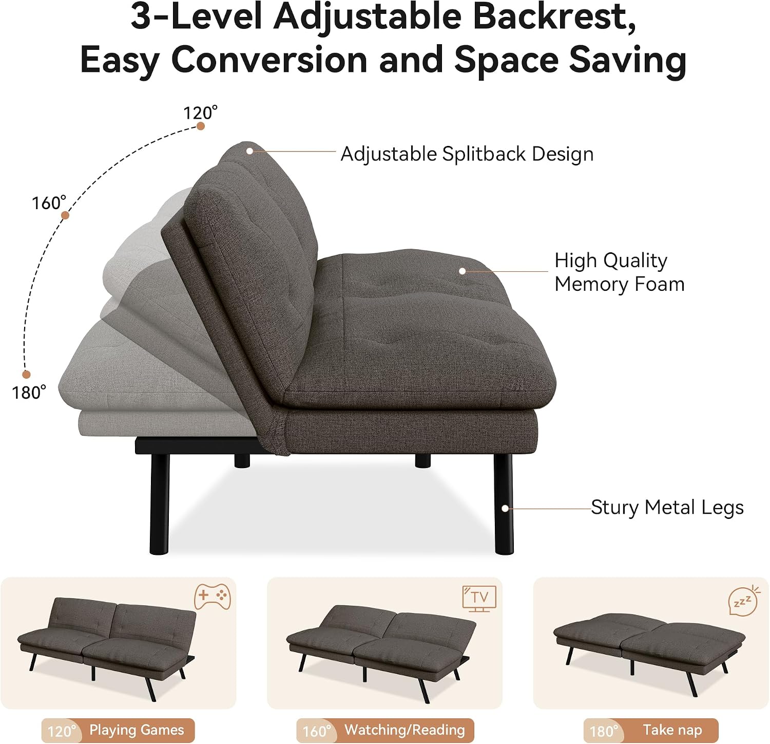 Convertible Sofa Bed,Linen Futon Sofa Couch,Detachable Cushion,Adjustable Backrest,Memory Foam Folding Futon Loveseat Sleeper for Living Room,Office,Apartment,Pure Grey
