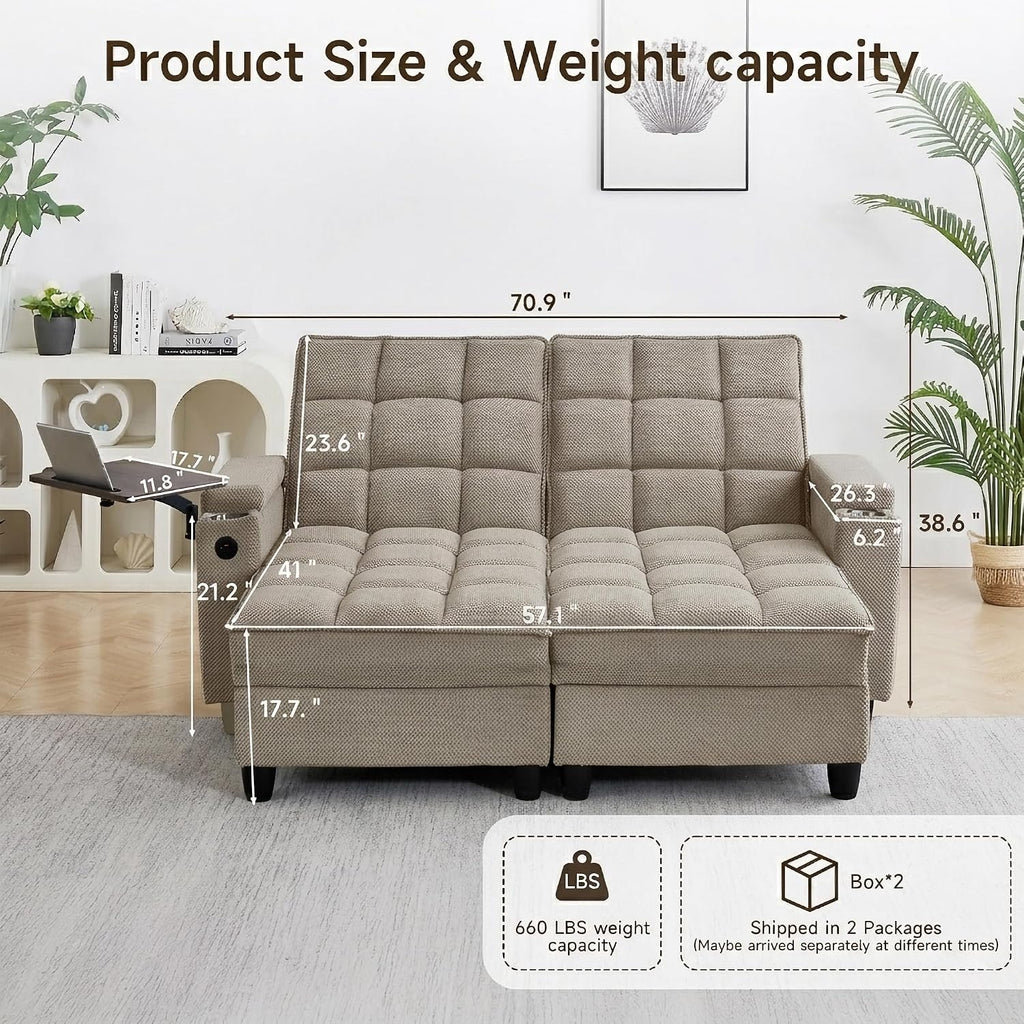70.9' Chaise Lounge Chair Indoor, Oversized Boucle Upholstered Sofa Bed, Adjustable Backrest Deep Seat Reading Chair, Sofas Couches for Living Room with Storage, Cup Holders and 360° Swivel Side Table