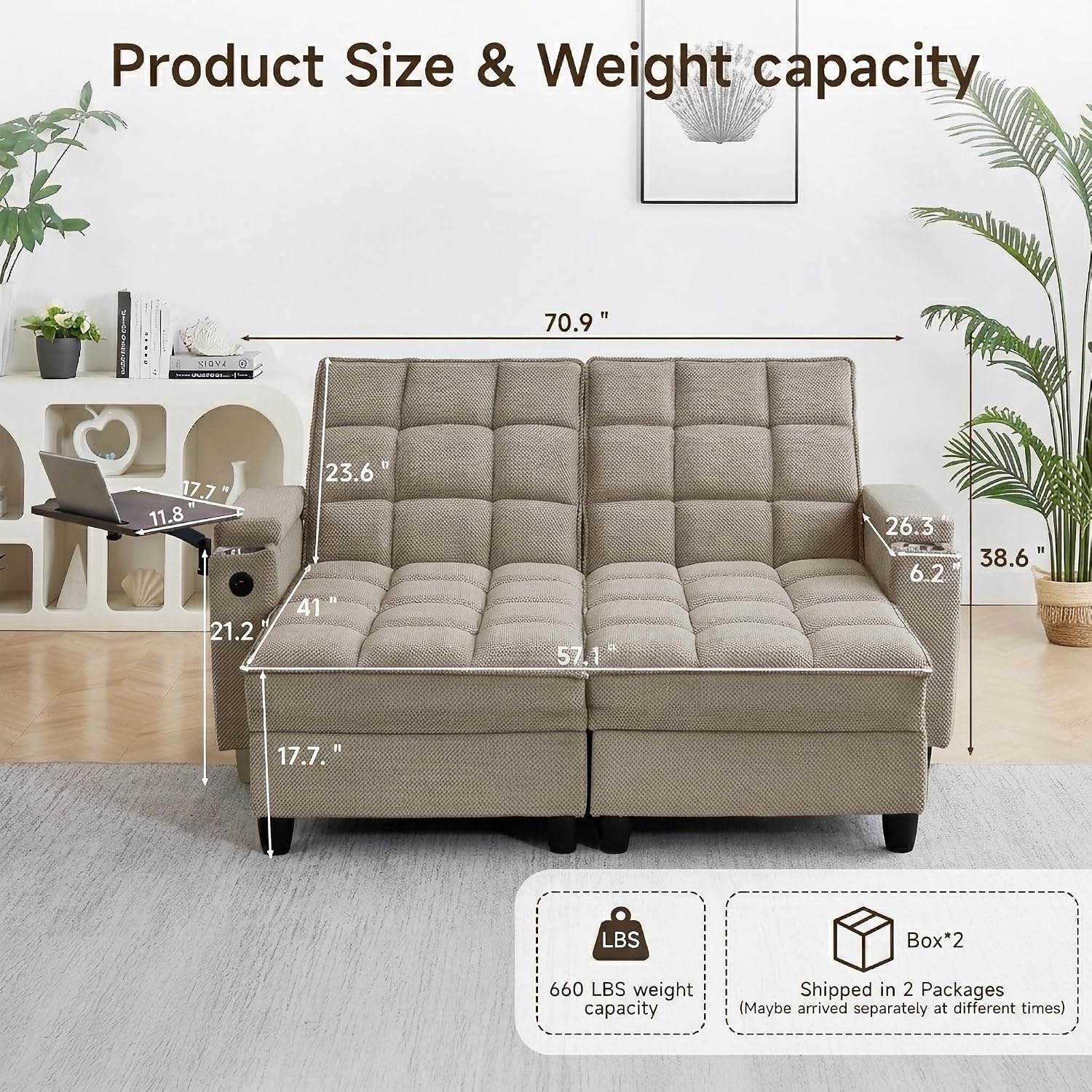70.9' Chaise Lounge Chair Indoor, Oversized Boucle Upholstered Sofa Bed, Adjustable Backrest Deep Seat Reading Chair, Sofas Couches for Living Room with Storage, Cup Holders and 360° Swivel Side Table