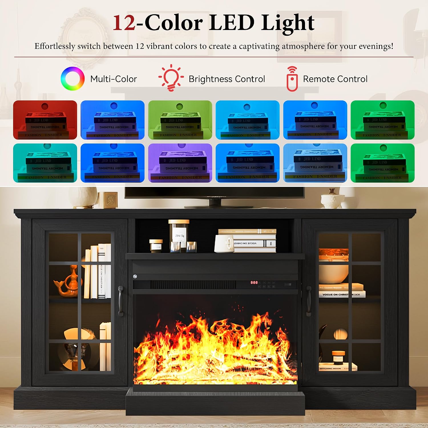 MXV 59'' Fireplace TV Stand, Farmhouse Entertainment Center with 3 Sided Glass TV Stand, Modern Media Console Table with Storage Drawers & Cabinets with LED Flame and Lights for Living Room, Black
