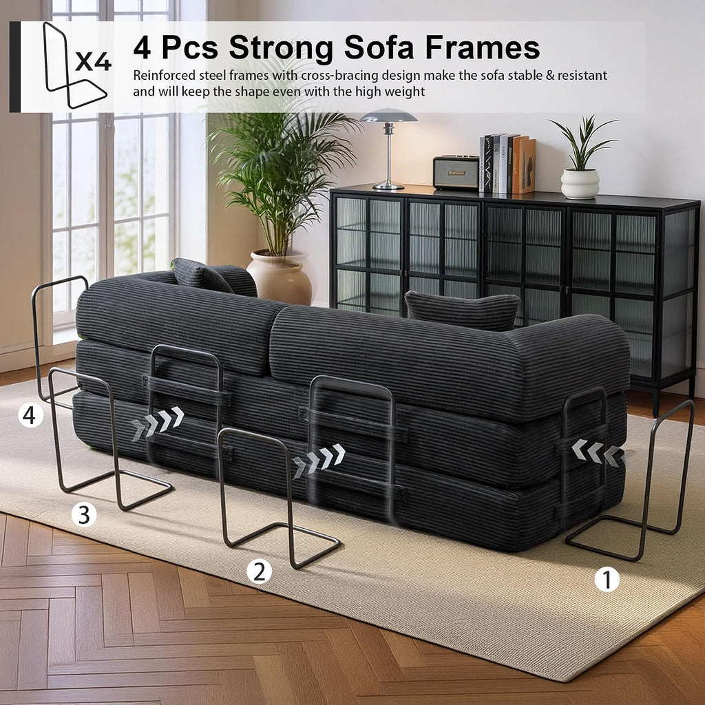 JJJ 78 inch Sofa Bed 4-in-1 Boneless Convertible Corduroy Sleeper Folding Couch with Fixed-Shape Frame and 2 Futons No Assemble Required 3 Seater Upholstered for Living Room (Black, 78 inch)