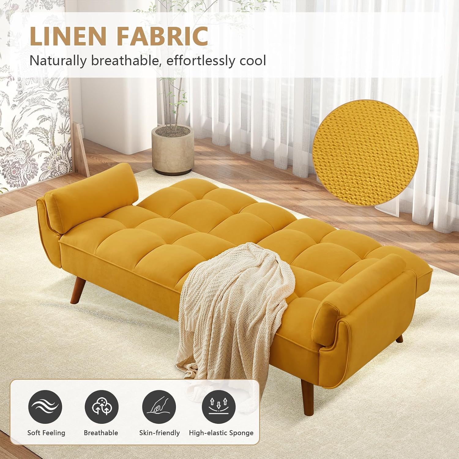 75' Convertible Futon Sofa Bed, Sleeper Couch Bed with Adjustable Backrest, Small Couches for Small Spaces, Living Room, Bedroom and Office (Yello)