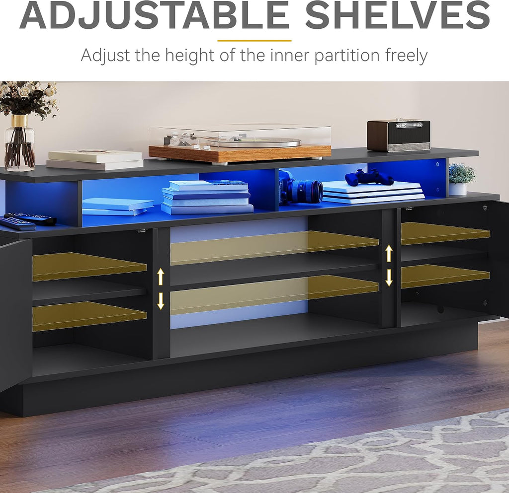 DWVO Modern TV Stand for 75 Inch TVs, Entertainment Center with LED Lights, TV Console with Storage Cabinets & Movable Partition for Living Room, Black
